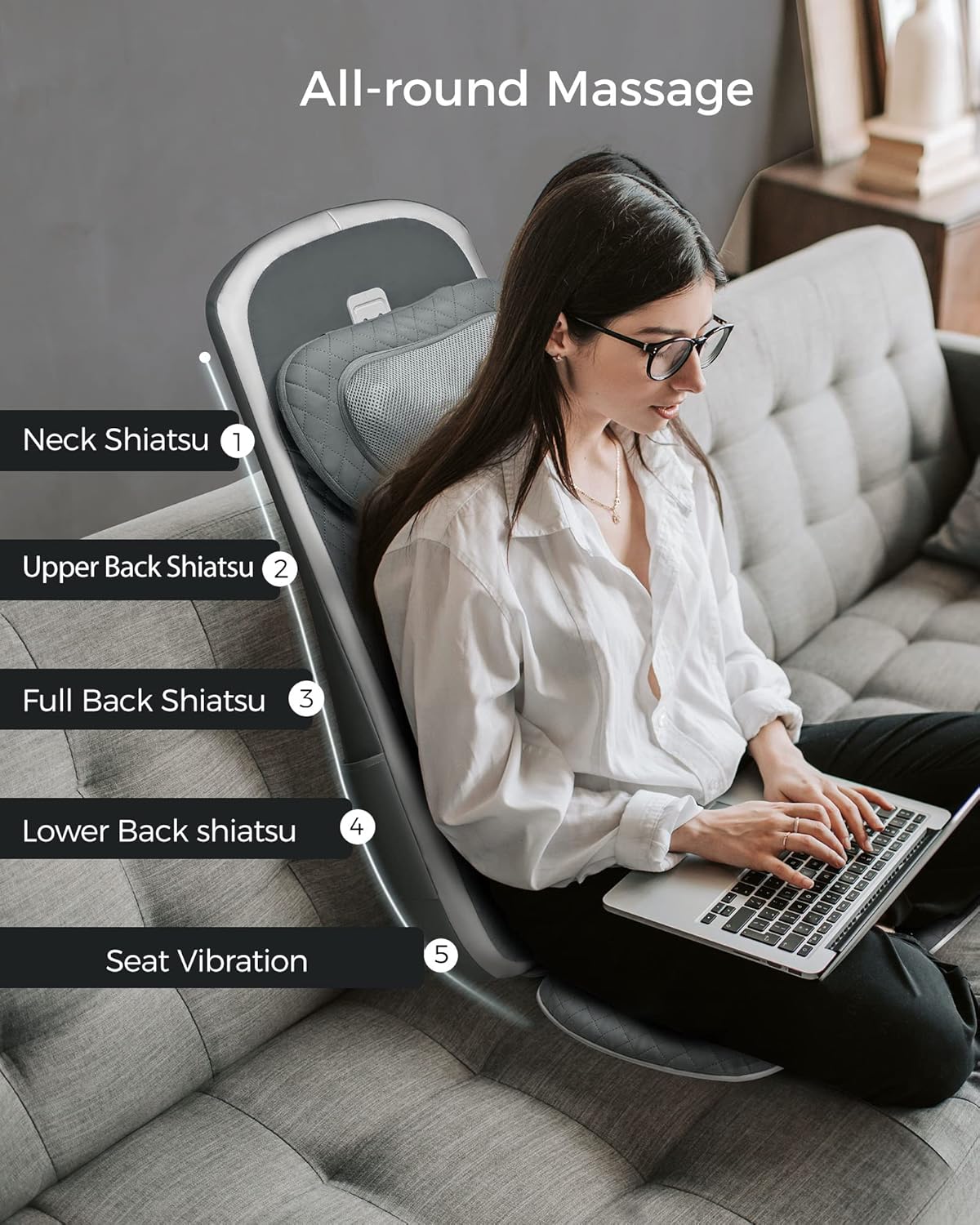 ALLJOY Back Chair Massager Pad, Shiatsu Kneading Office Chair Back Massager