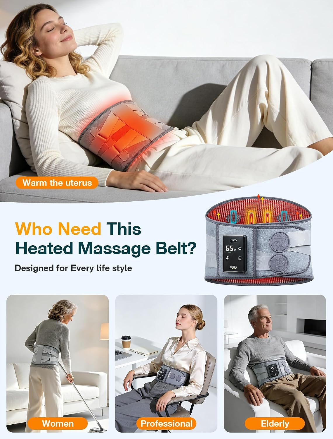 ALLJOY Heated Lumbar Support Belt – Cordless Heated Lumbar Massager for Back Pain & Daily Relief