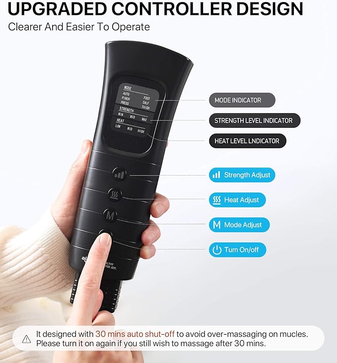 adjustable leg massager control panel with massage modes and heat	